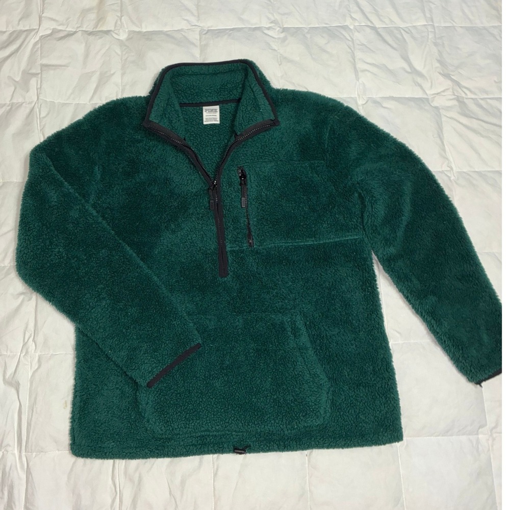 PINK Victoria's Secret Green Teddy Fleece Quarter Zip Pullover Sherpa Jacket S
